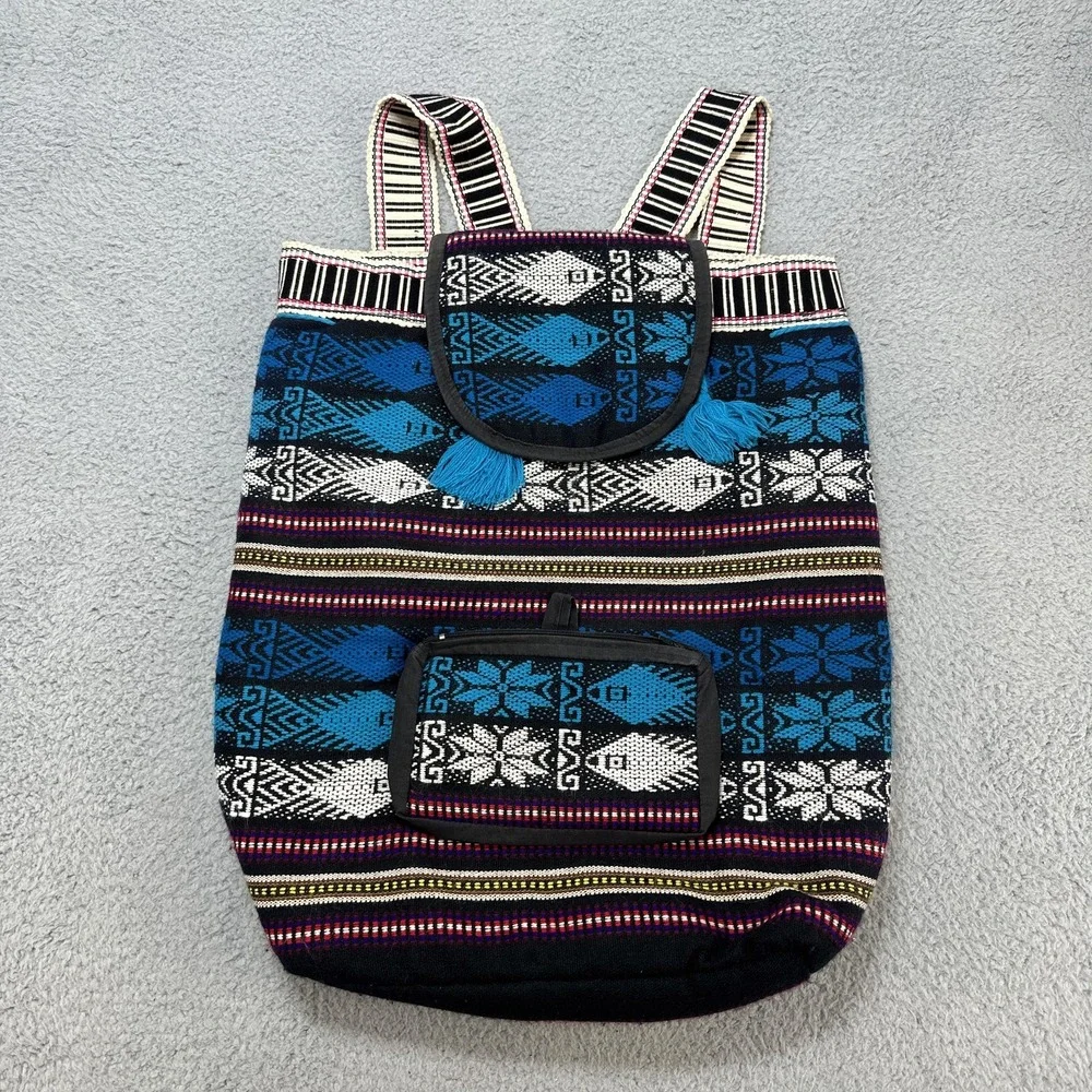 Boho Woven Tribal Aztec Backpack Blue Black Tassel Lined Front Zip Pocket Hippie